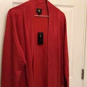 Open-front, tunic length, brick-red cardie